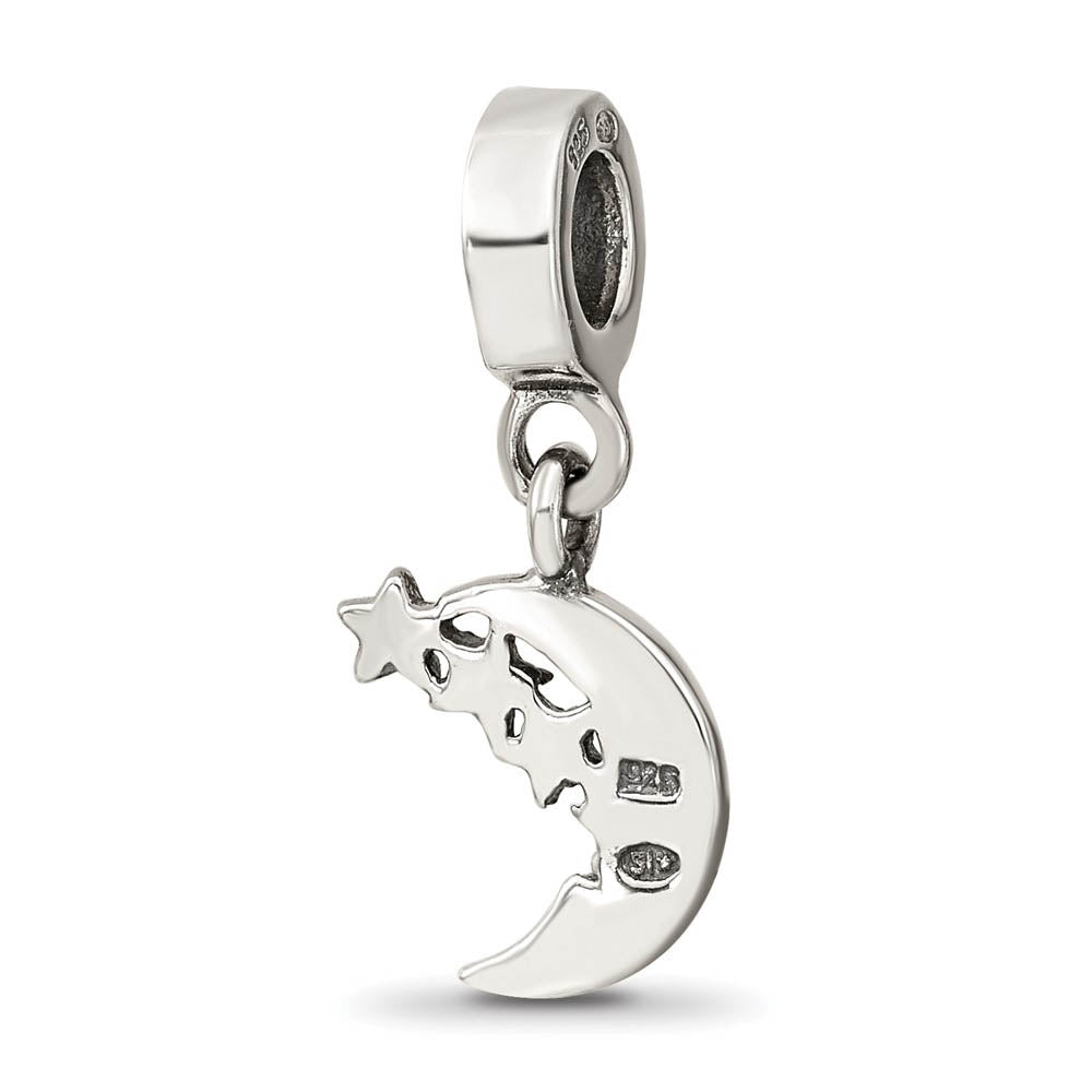 Alternate view of the Sterling Silver Marcasite Moon & Black Crystal Stars Dangle Bead Charm by The Black Bow Jewelry Co.