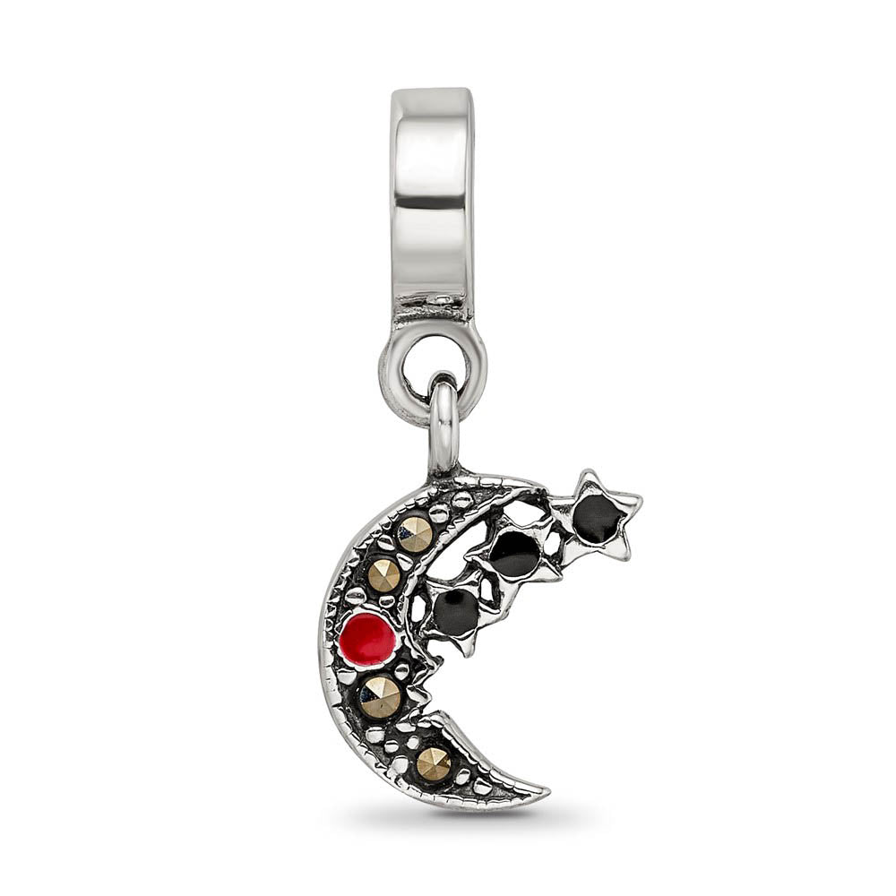 Alternate view of the Sterling Silver Marcasite Moon & Black Crystal Stars Dangle Bead Charm by The Black Bow Jewelry Co.