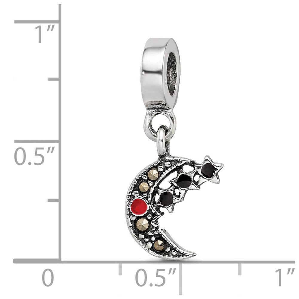 Alternate view of the Sterling Silver Marcasite Moon & Black Crystal Stars Dangle Bead Charm by The Black Bow Jewelry Co.