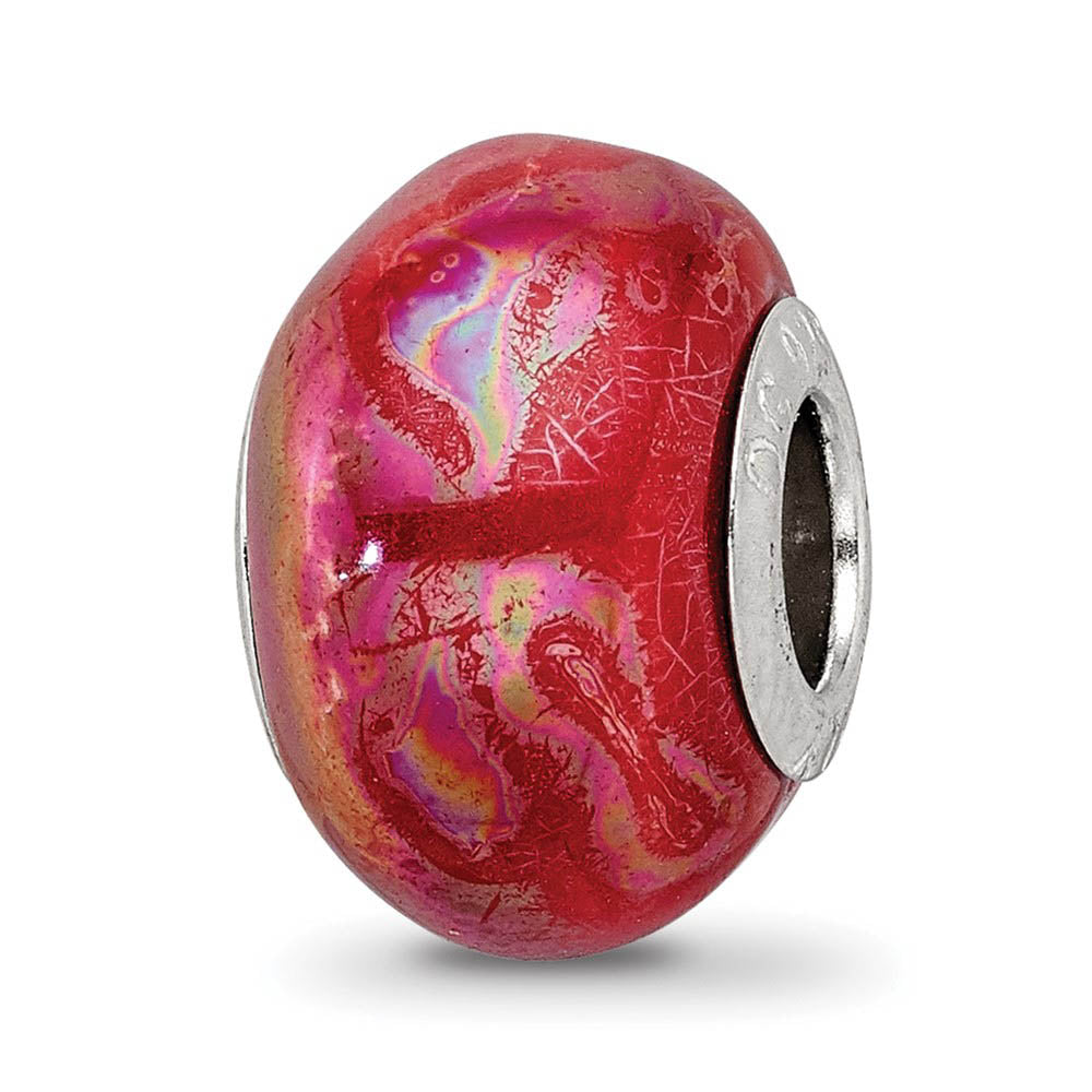 Iridescent Orange / Pink Ceramic and Sterling Silver Bead Charm, Item B12485 by The Black Bow Jewelry Co.