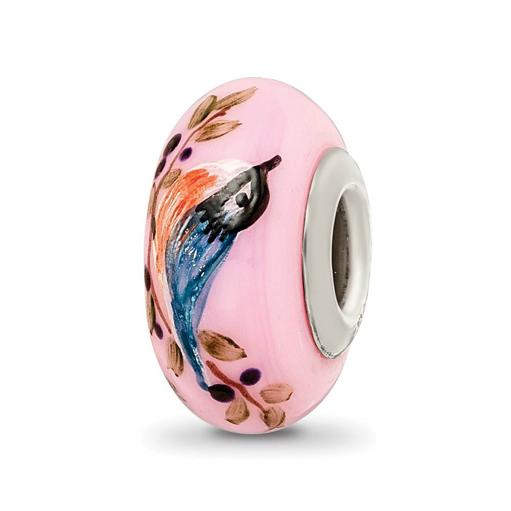 Fenton Pink Hand Painted Nuthatch Glass & Sterling Silver Bead Charm, Item B12495 by The Black Bow Jewelry Co.