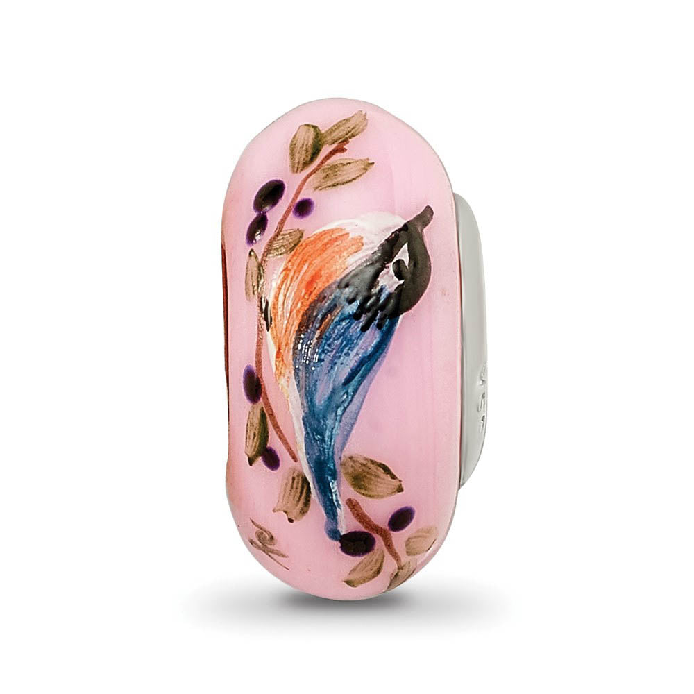 Alternate view of the Fenton Pink Hand Painted Nuthatch Glass & Sterling Silver Bead Charm by The Black Bow Jewelry Co.