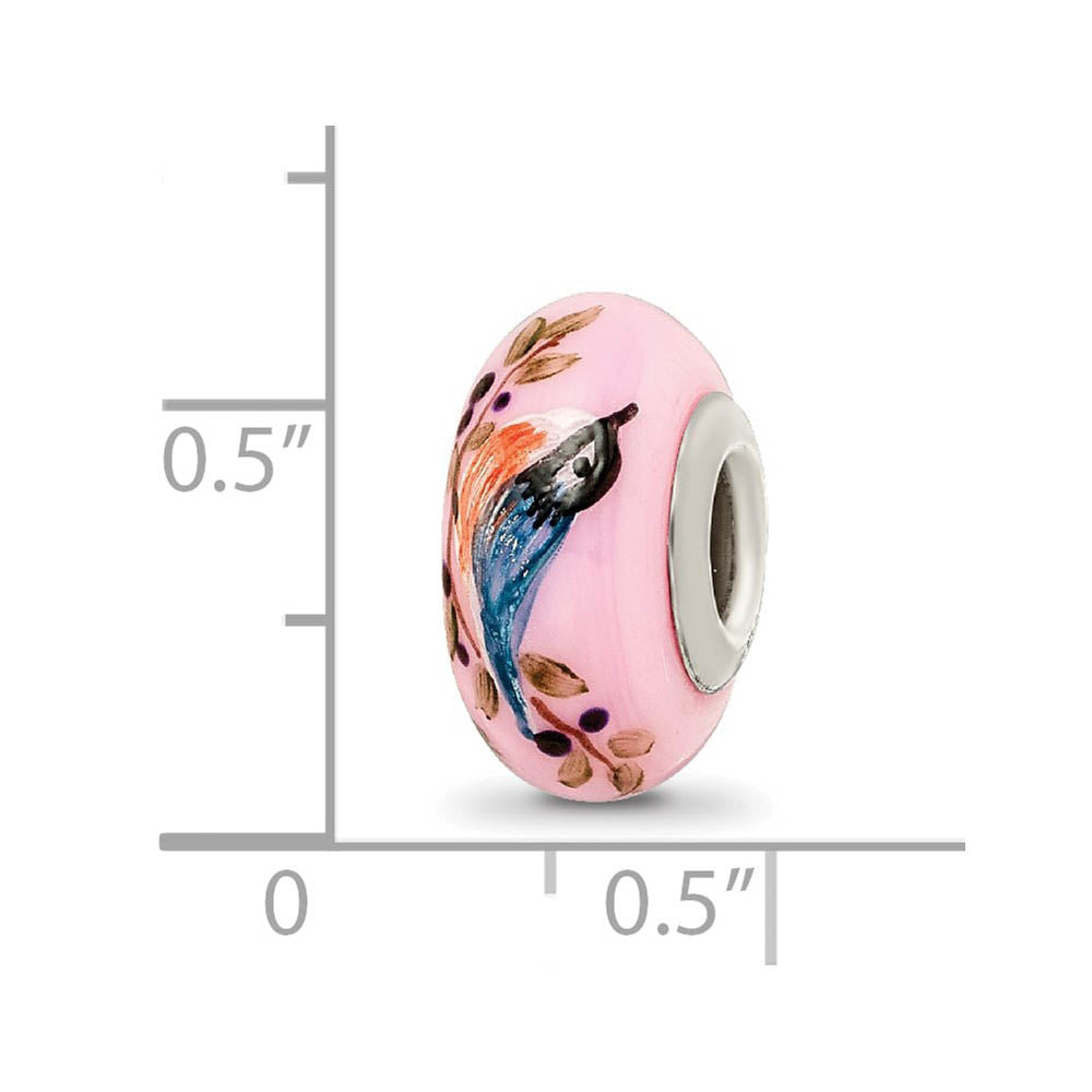 Alternate view of the Fenton Pink Hand Painted Nuthatch Glass & Sterling Silver Bead Charm by The Black Bow Jewelry Co.