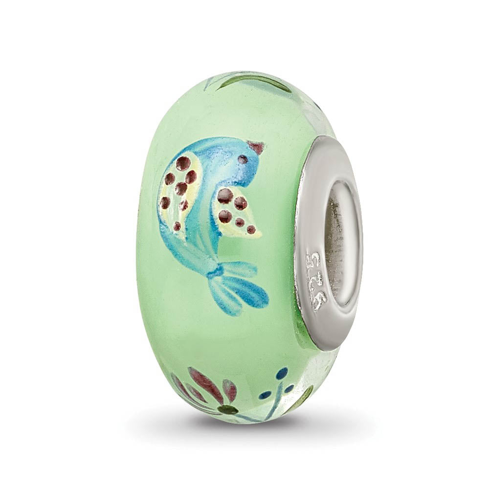 Fenton Green Calico Bird Glass & Sterling Silver Bead Charm, Item B12510 by The Black Bow Jewelry Co.
