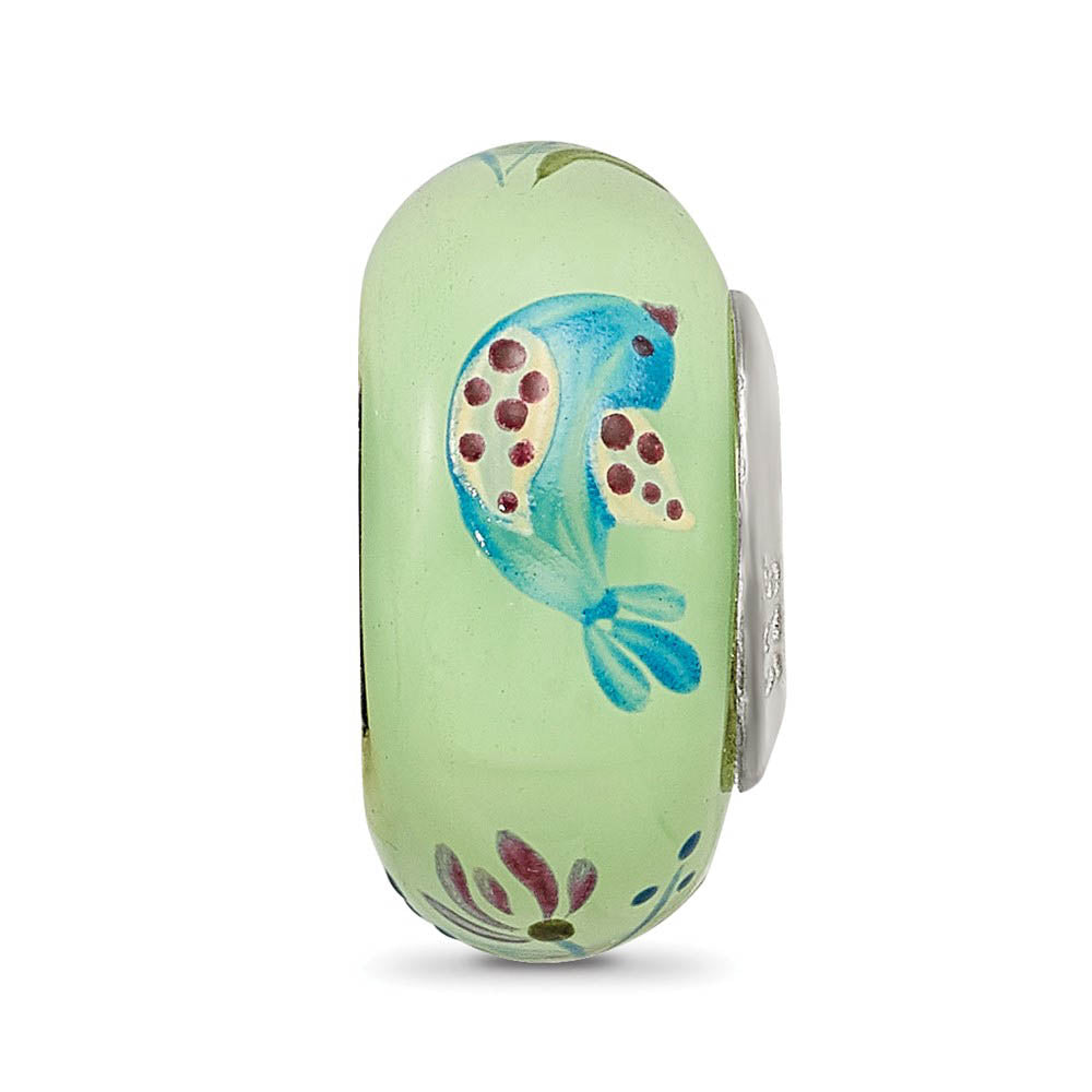 Alternate view of the Fenton Green Calico Bird Glass & Sterling Silver Bead Charm by The Black Bow Jewelry Co.