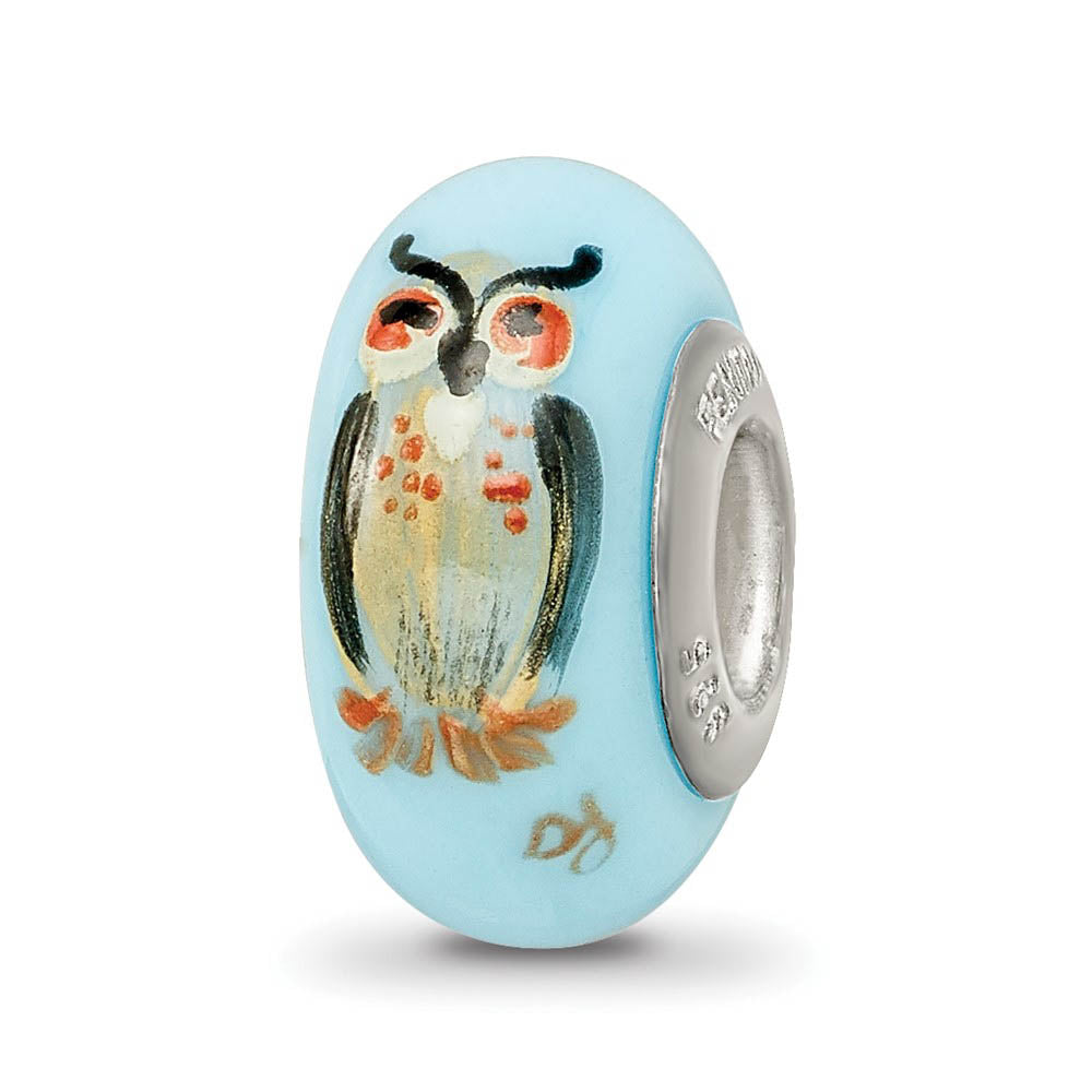 Fenton Blue Hand Painted Wisdom Owl Glass & Sterling Silver Bead Charm, Item B12520 by The Black Bow Jewelry Co.