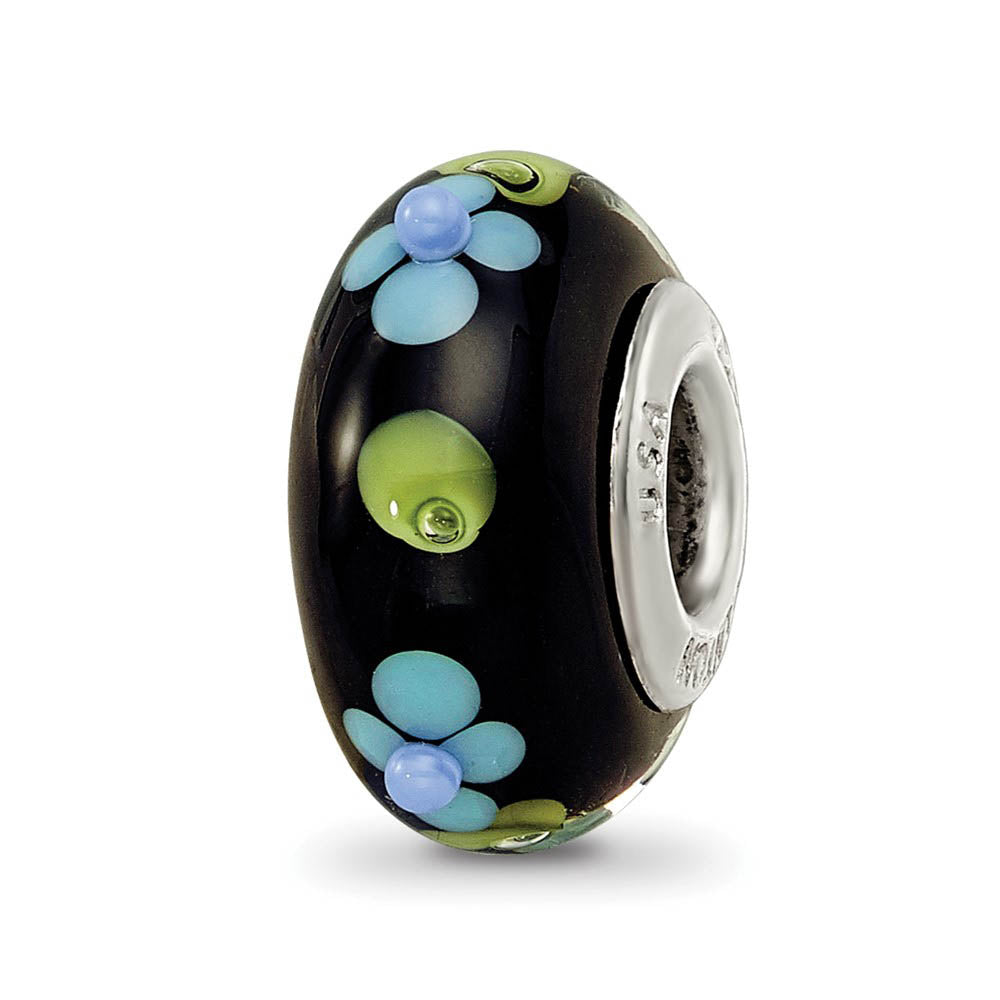 Fenton Black Blue Floral Glass & Sterling Silver Bead Charm, Item B12526 by The Black Bow Jewelry Co.