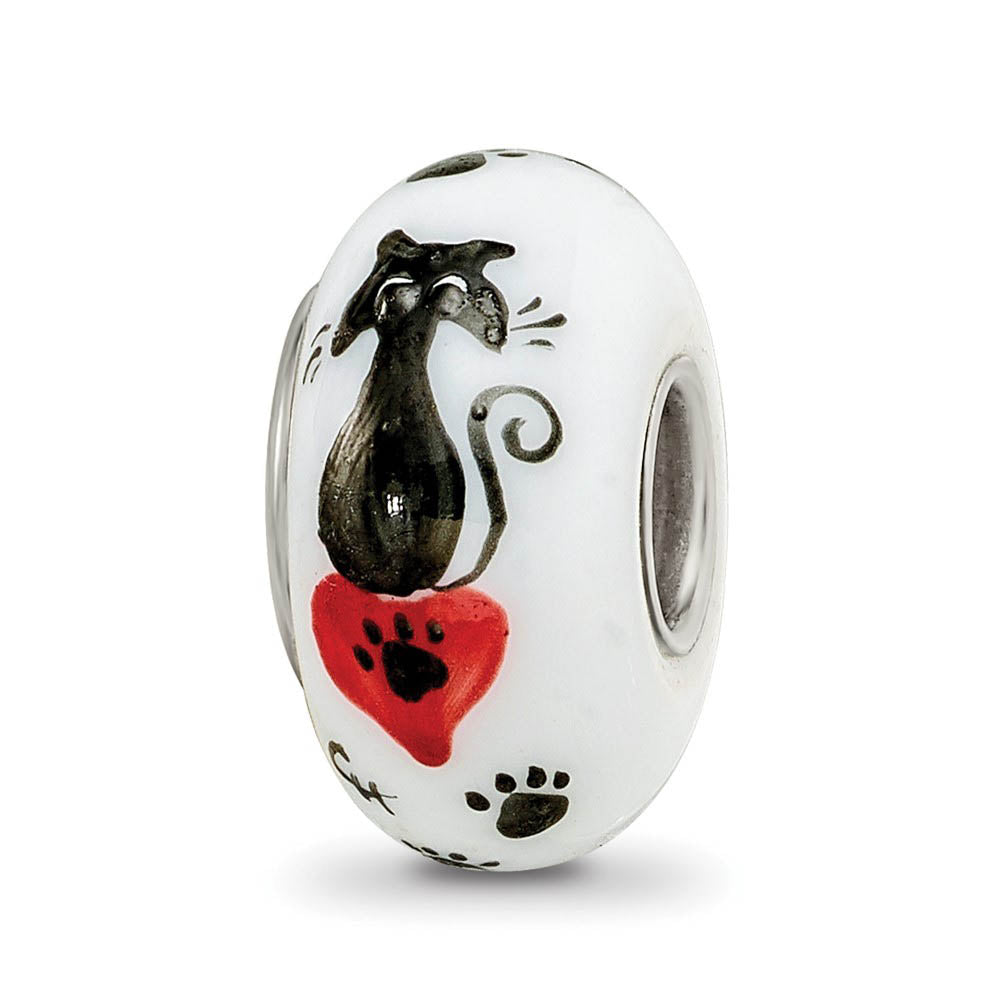 Fenton White Cat Paw Prints Glass & Sterling Silver Bead Charm, Item B12535 by The Black Bow Jewelry Co.