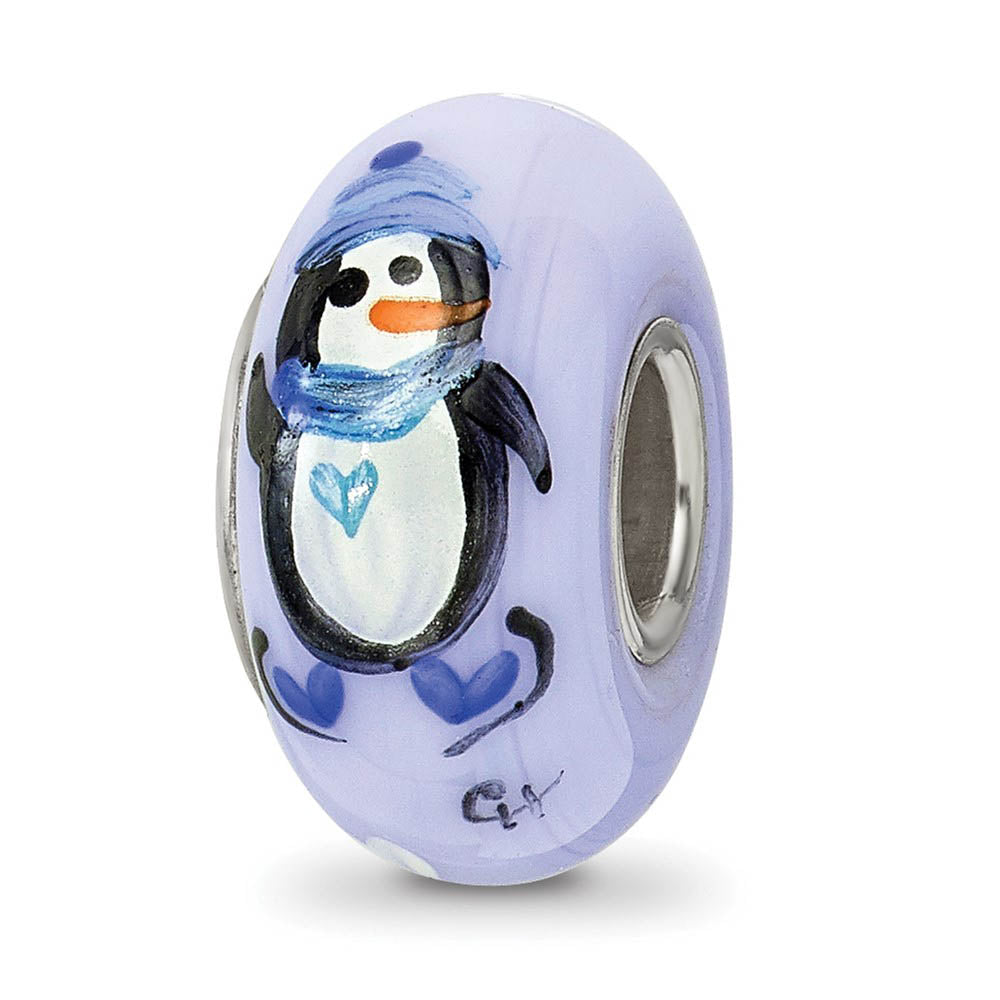 Fenton Blue Hand Painted Penguin Glass & Sterling Silver Bead Charm, Item B12550 by The Black Bow Jewelry Co.