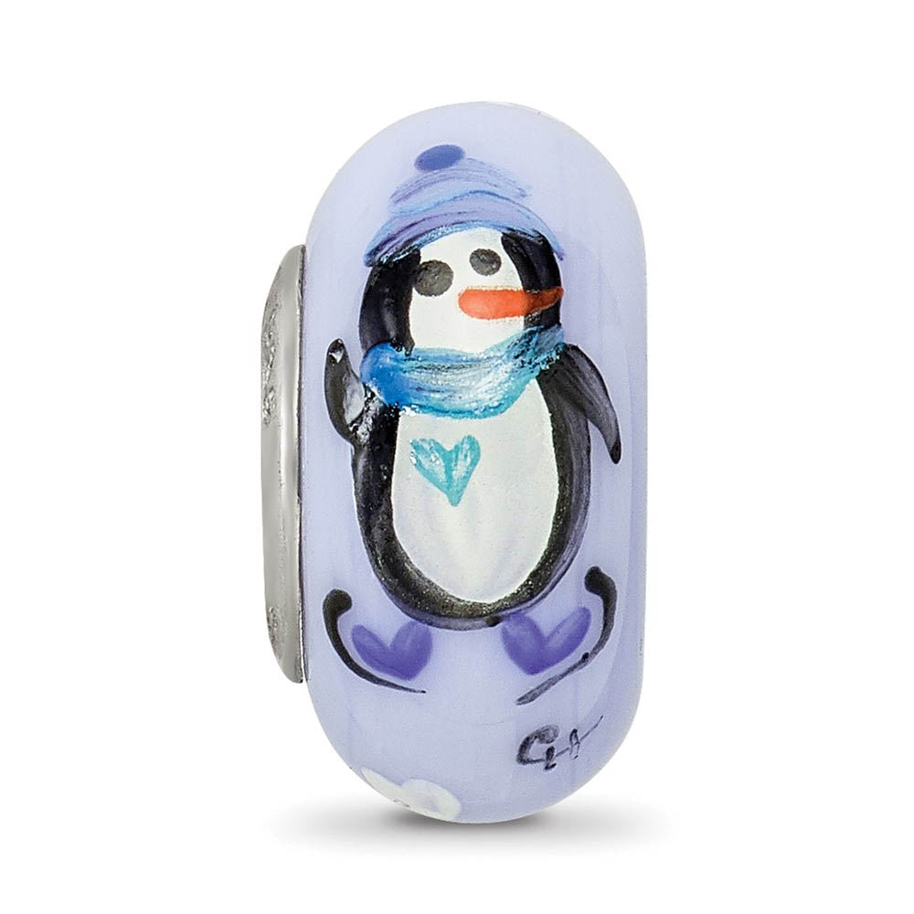 Alternate view of the Fenton Blue Hand Painted Penguin Glass & Sterling Silver Bead Charm by The Black Bow Jewelry Co.