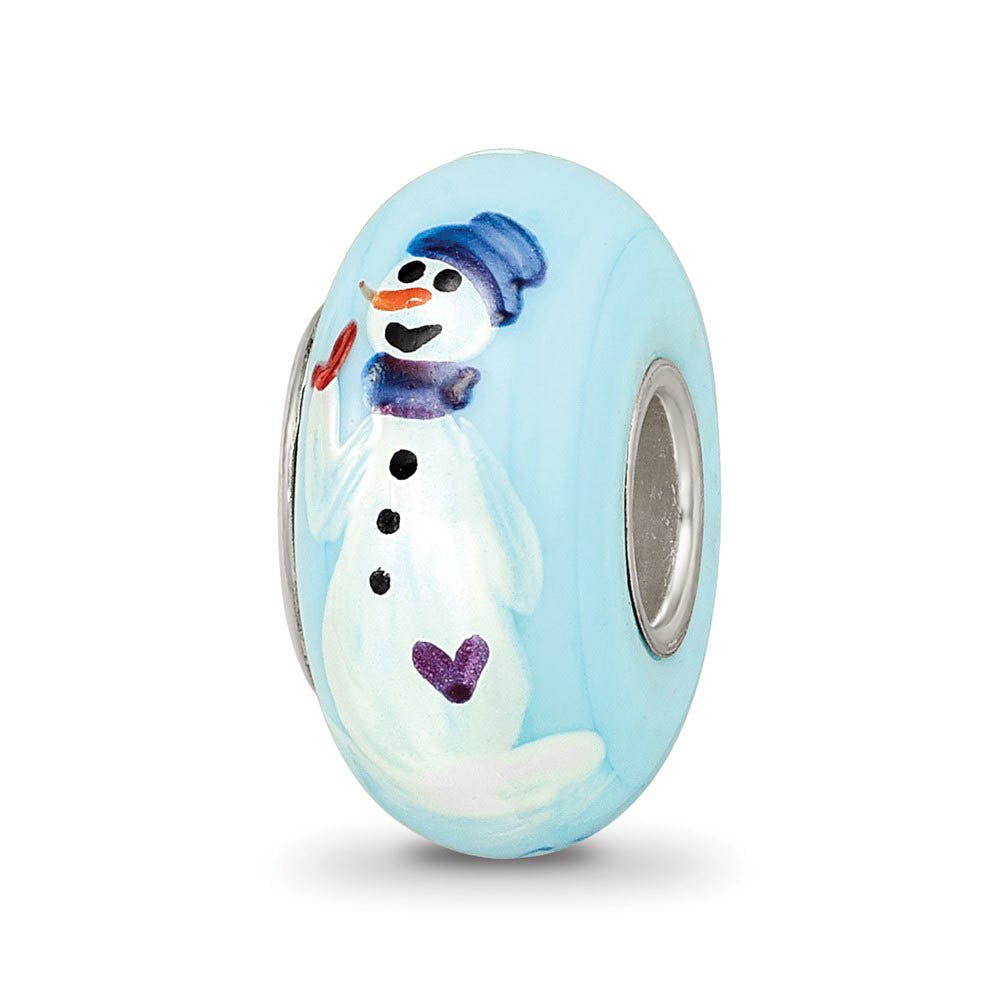 Fenton Blue Hand Painted Snowman Glass & Sterling Silver Bead Charm, Item B12551 by The Black Bow Jewelry Co.