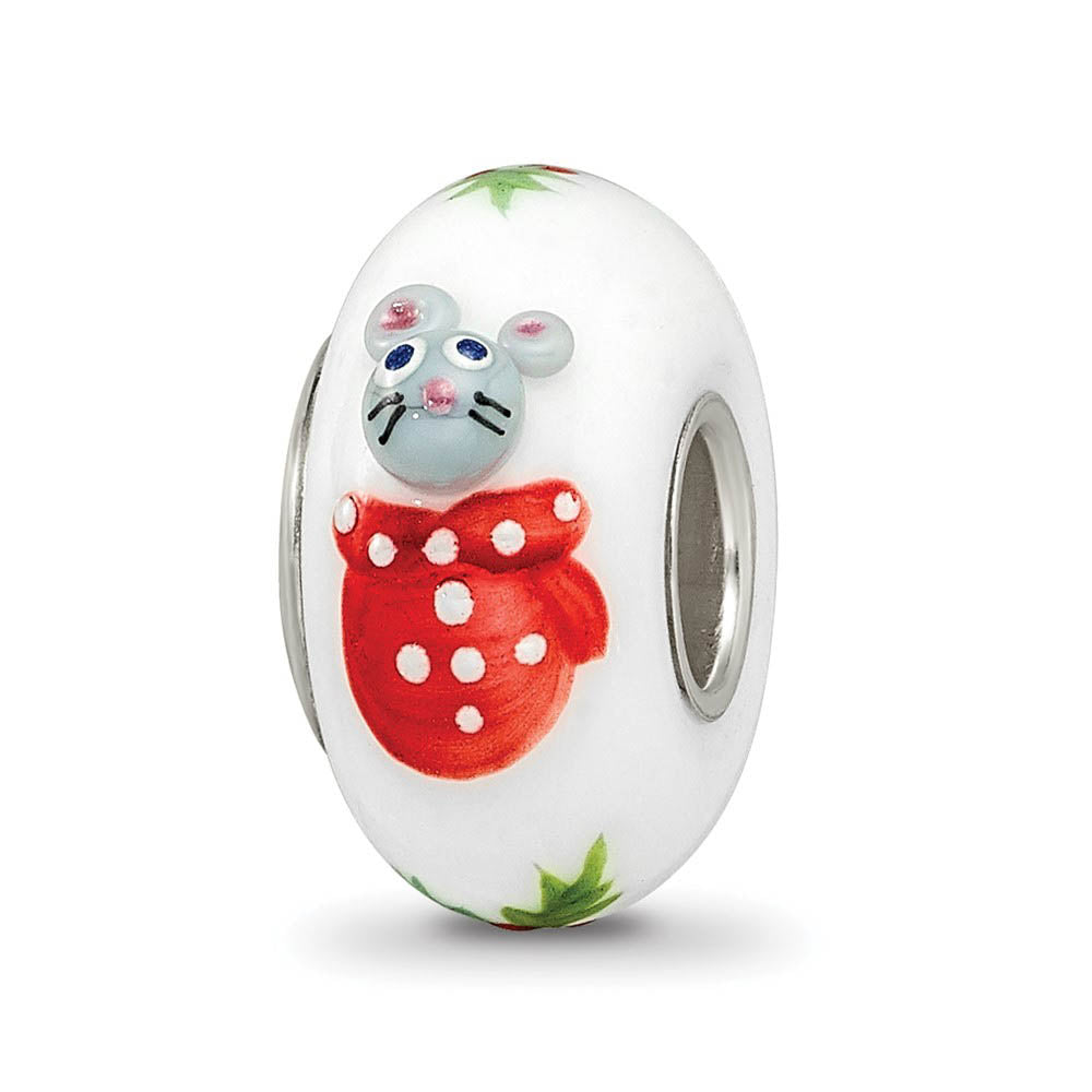 Fenton Hand Painted Christmas Mouse Glass & Sterling Silver Bead Charm, Item B12552 by The Black Bow Jewelry Co.