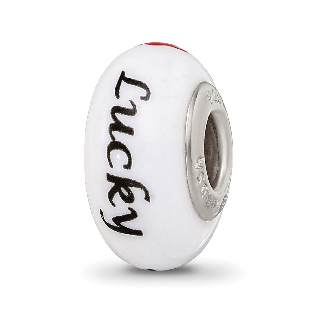 Fenton White Lucky Suit Glass & Sterling Silver Bead Charm, Item B12553 by The Black Bow Jewelry Co.