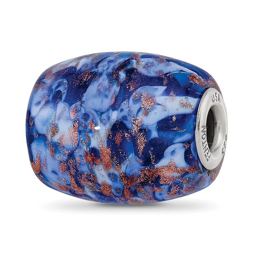 Fenton Blue with Danube Glass & Sterling Silver Barrel Bead Charm, Item B12561 by The Black Bow Jewelry Co.