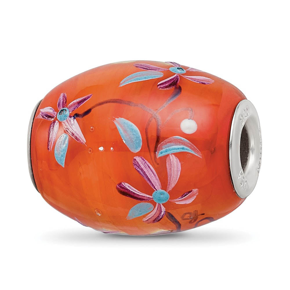 Fenton Orange Floral Glass & Sterling Silver Barrel Bead Charm, Item B12563 by The Black Bow Jewelry Co.