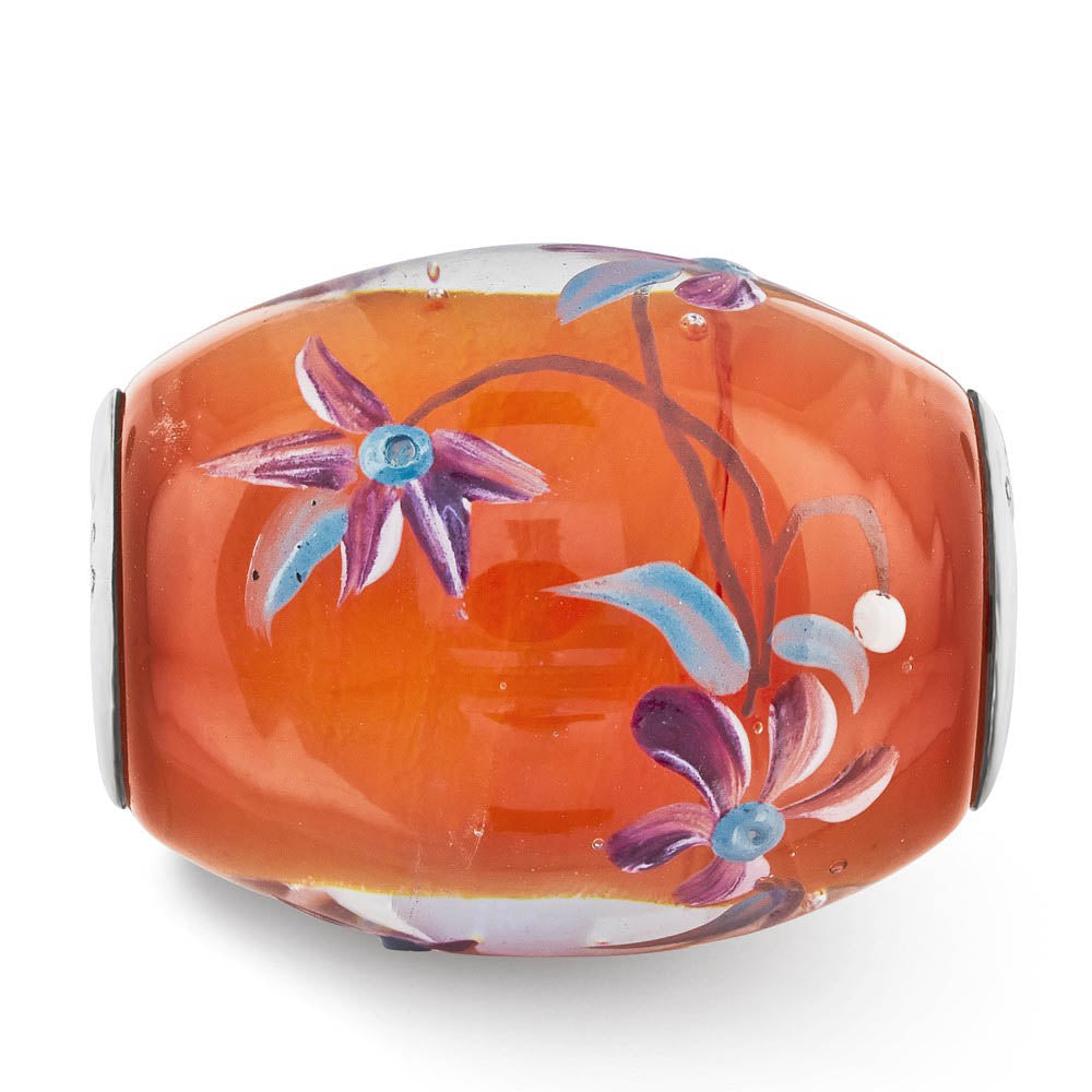 Alternate view of the Fenton Orange Floral Glass & Sterling Silver Barrel Bead Charm by The Black Bow Jewelry Co.