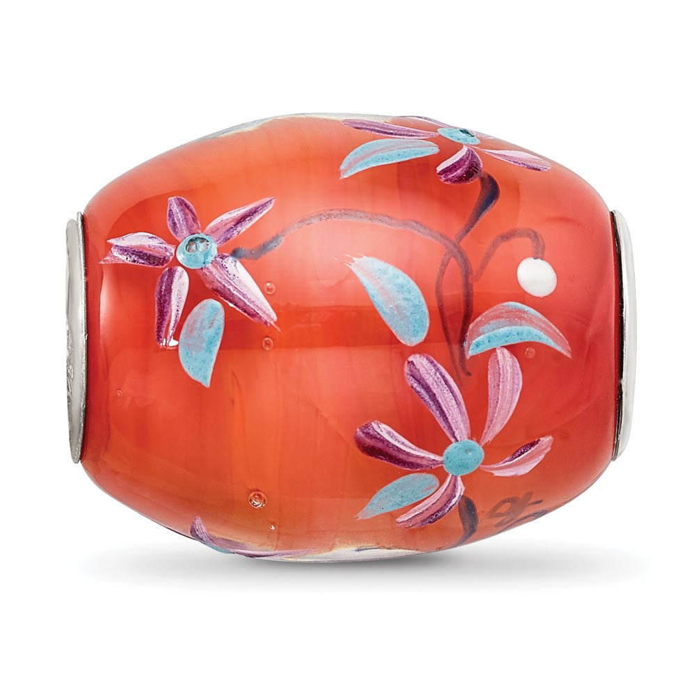 Alternate view of the Fenton Orange Floral Glass & Sterling Silver Barrel Bead Charm by The Black Bow Jewelry Co.