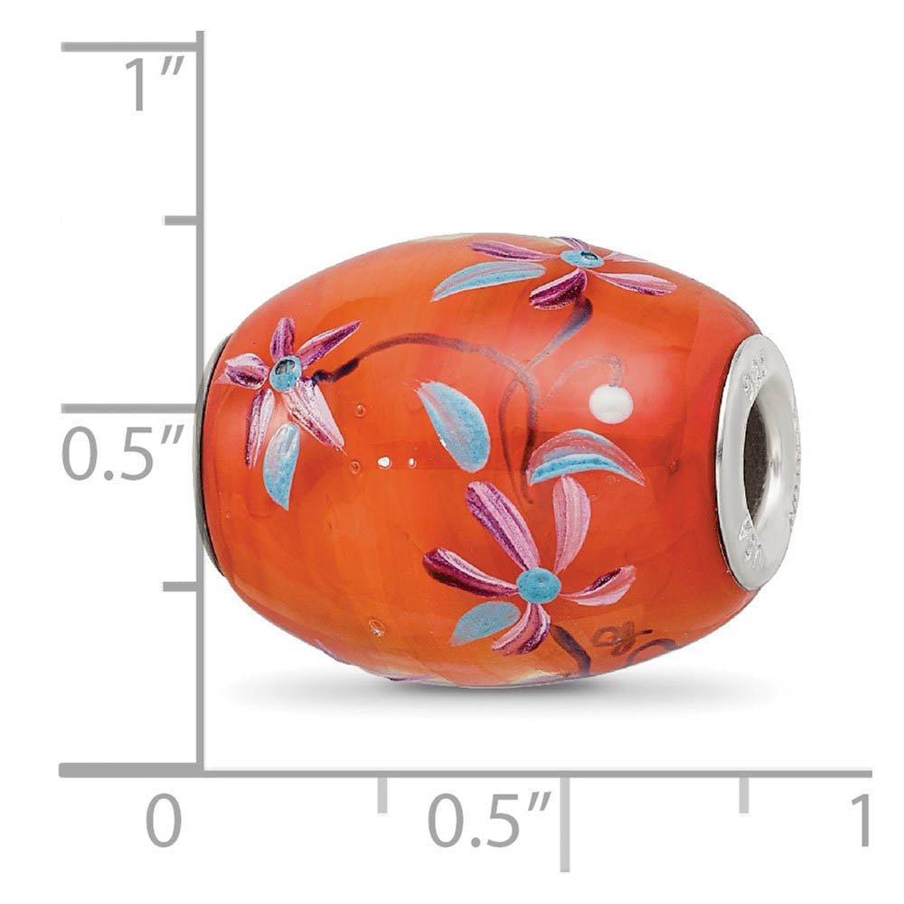 Alternate view of the Fenton Orange Floral Glass & Sterling Silver Barrel Bead Charm by The Black Bow Jewelry Co.