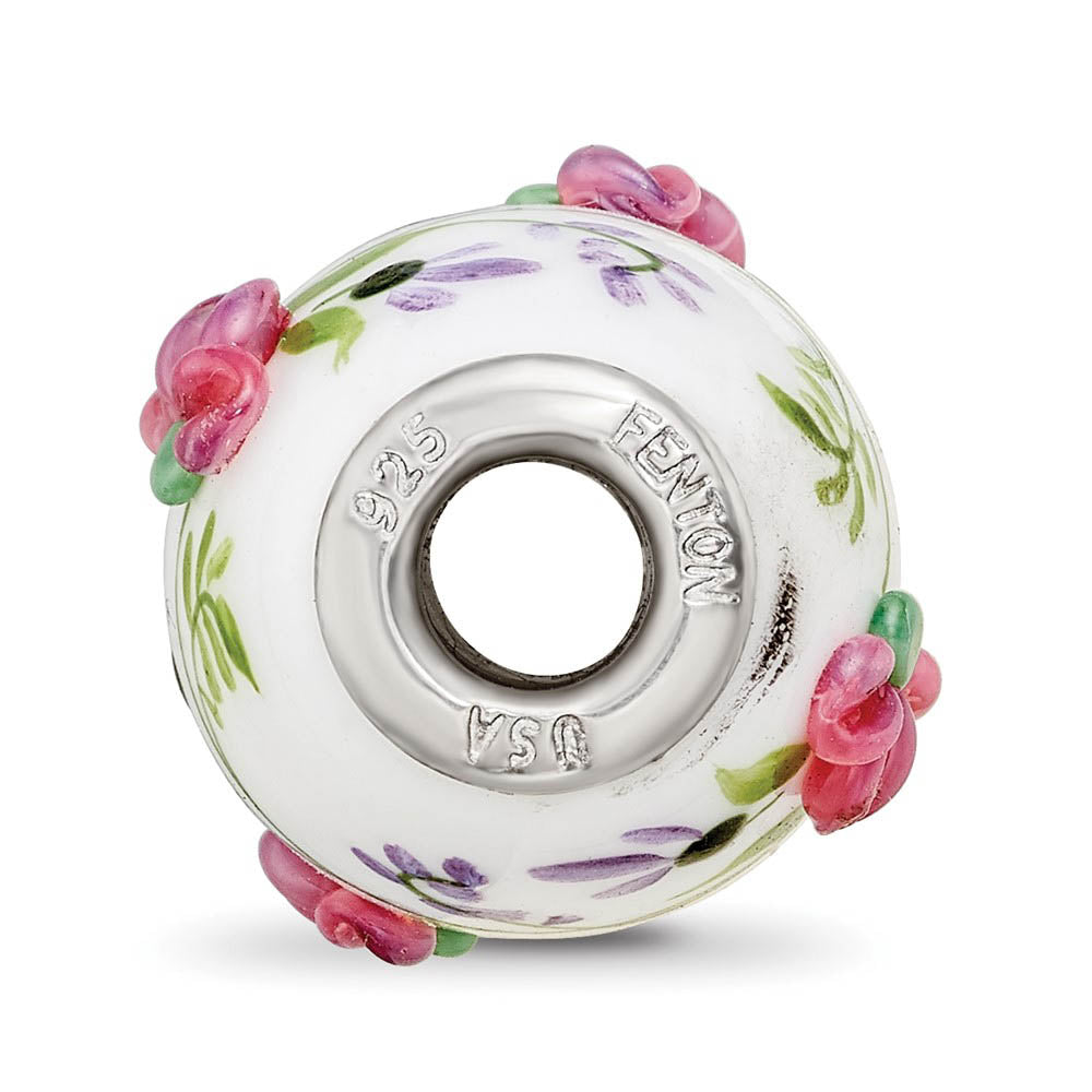 Alternate view of the Fenton White Floral Glass & Sterling Silver Barrel Bead Charm by The Black Bow Jewelry Co.