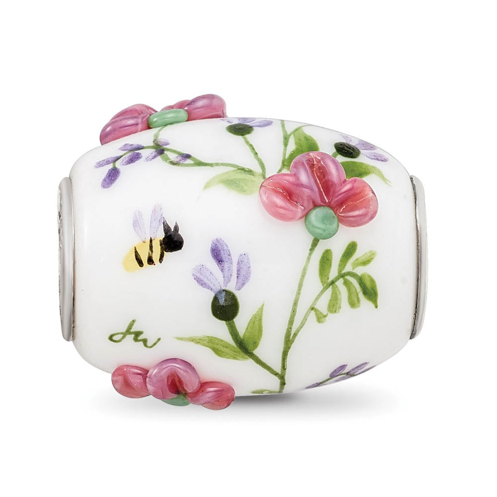 Alternate view of the Fenton White Floral Glass & Sterling Silver Barrel Bead Charm by The Black Bow Jewelry Co.
