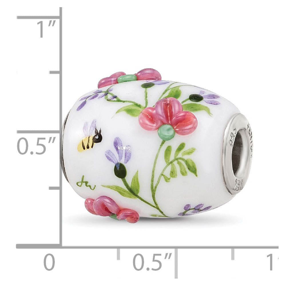 Alternate view of the Fenton White Floral Glass & Sterling Silver Barrel Bead Charm by The Black Bow Jewelry Co.