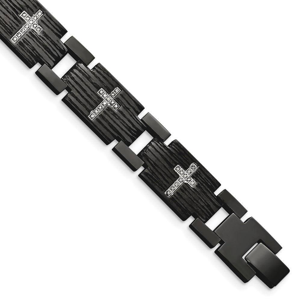 Mens 12mm Black Plated Stainless Steel Diamond Cross Bracelet, 8.5 In, Item B12744 by The Black Bow Jewelry Co.
