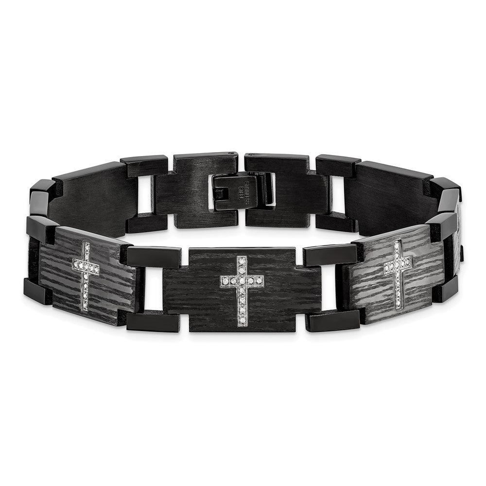 Alternate view of the Mens 12mm Black Plated Stainless Steel Diamond Cross Bracelet, 8.5 In by The Black Bow Jewelry Co.