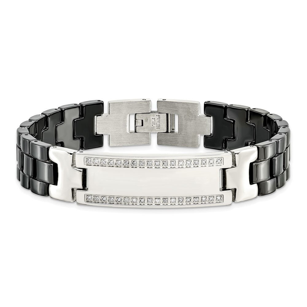 Alternate view of the Mens 14mm Stainless Steel, Black Ceramic, Diamond I.D. Bracelet 8.75in by The Black Bow Jewelry Co.