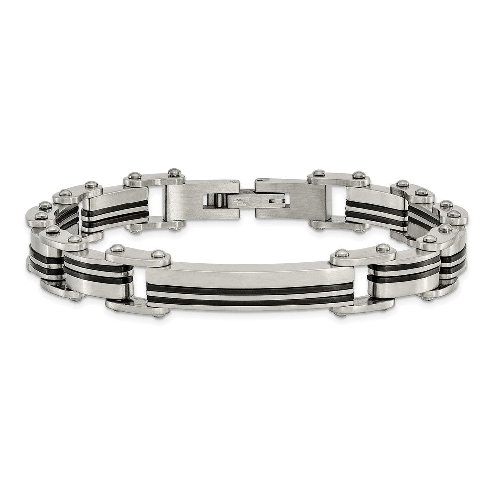 Alternate view of the Men&#39;s 12mm Stainless Steel Black Plated Striped Bracelet, 8.75 Inch by The Black Bow Jewelry Co.