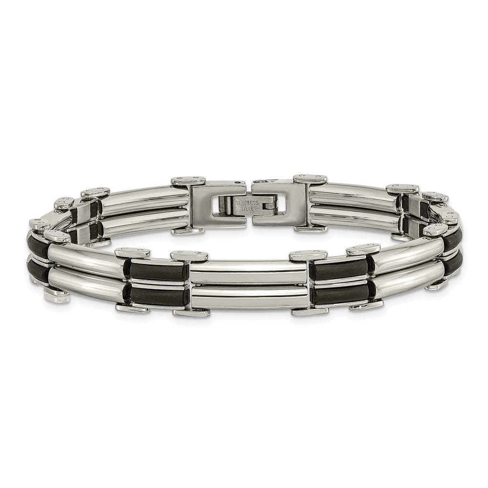 Alternate view of the Men&#39;s 10mm Polished Stainless Steel &amp; Black Rubber Bracelet, 8 Inch by The Black Bow Jewelry Co.