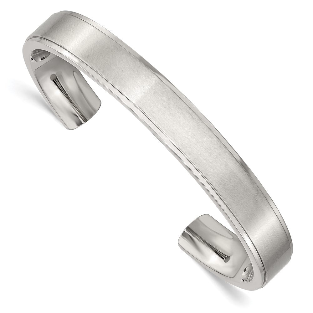 Mens Stainless Steel 11mm Polished &amp; Brushed Ridged Edge Cuff Bracelet, Item B12808 by The Black Bow Jewelry Co.