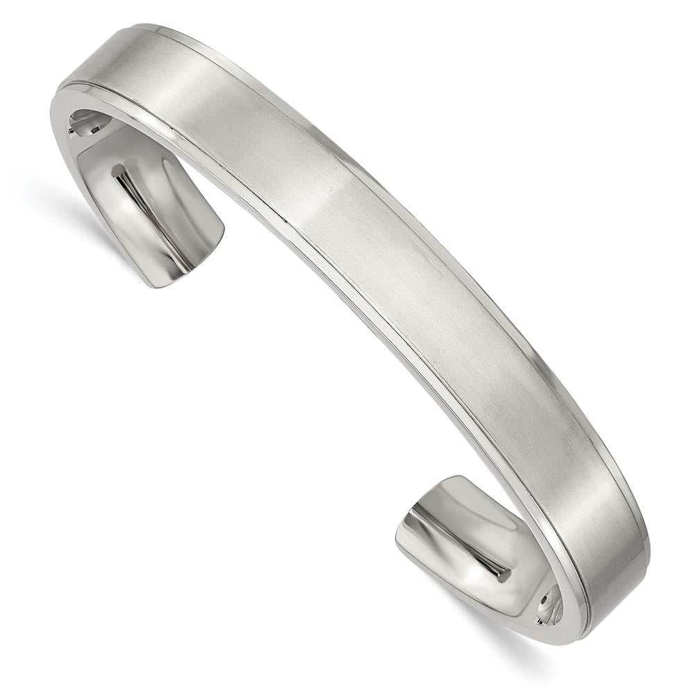 Mens Stainless Steel 11mm Polished & Brushed Ridged Edge Cuff Bracelet, Item B12808 by The Black Bow Jewelry Co.