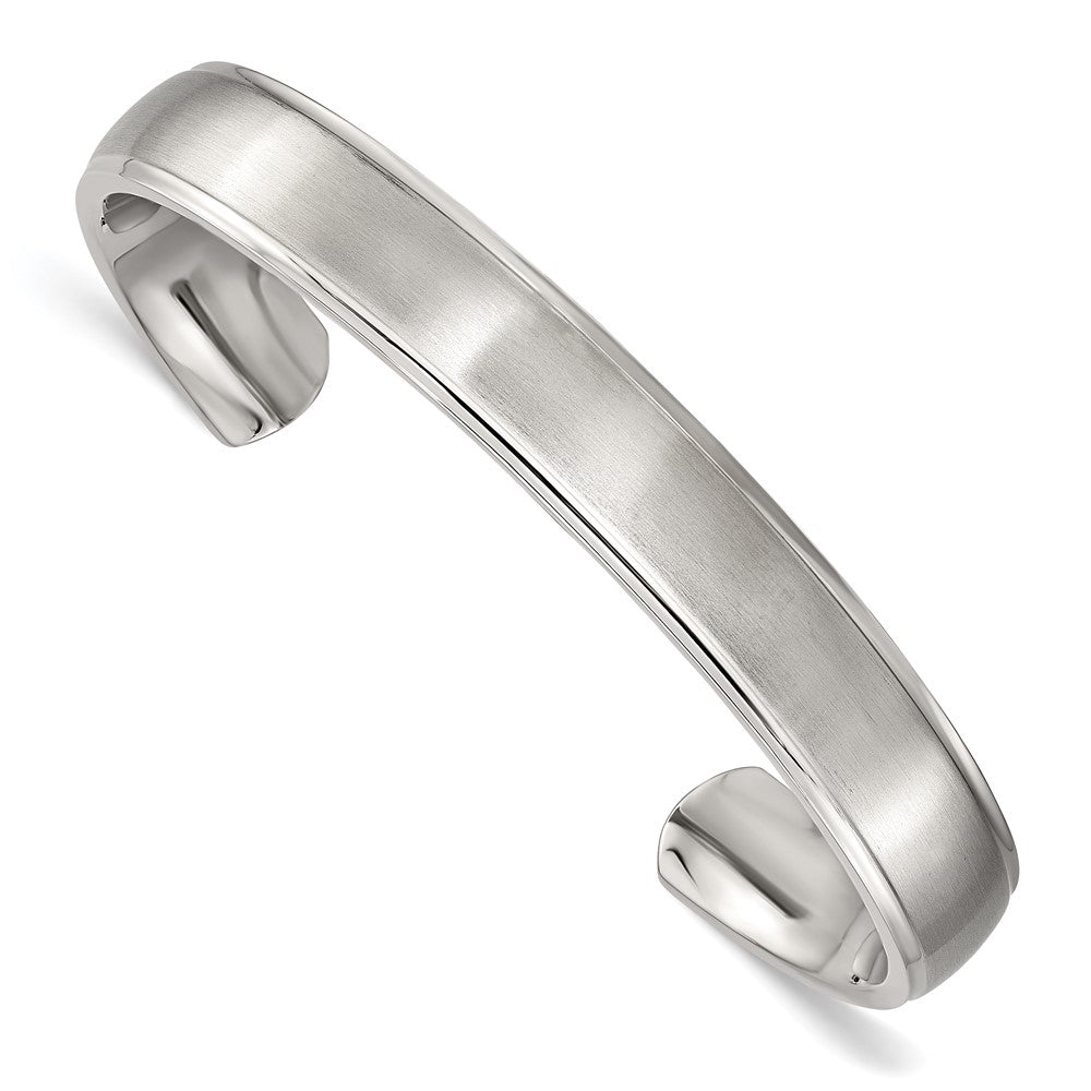 Men&#39;s Stainless Steel 11mm Flat Brushed Ridged Edge Cuff Bracelet, Item B12809 by The Black Bow Jewelry Co.
