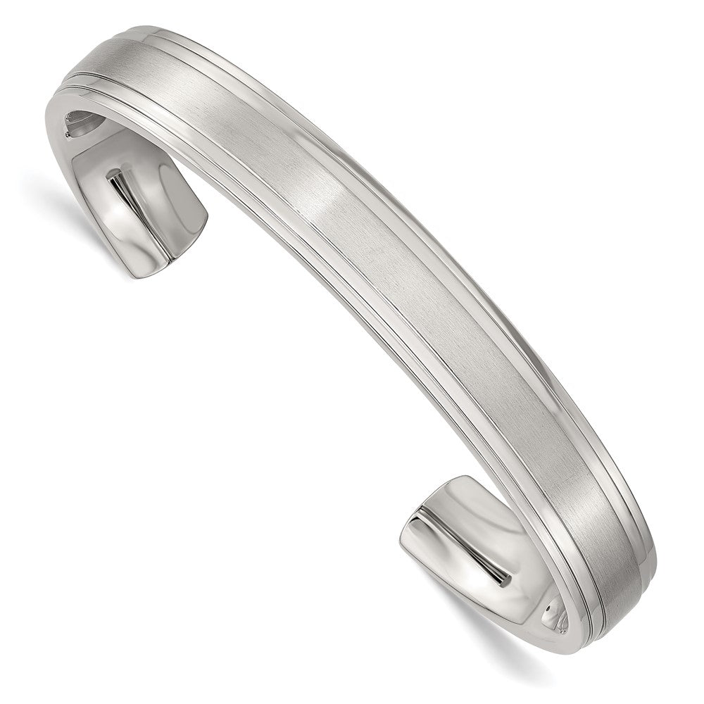 Mens Stainless Steel 10mm Polished/Brushed Dbl Step Edge Cuff Bracelet, Item B12810 by The Black Bow Jewelry Co.