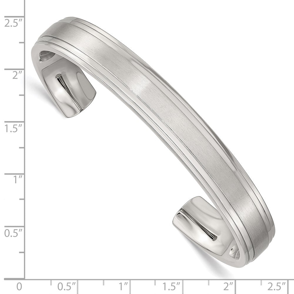 Alternate view of the Mens Stainless Steel 10mm Polished/Brushed Dbl Step Edge Cuff Bracelet by The Black Bow Jewelry Co.