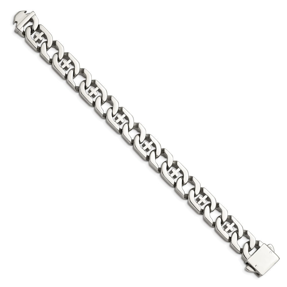 Men's 14mm Curb Link with Crosses Stainless Steel Bracelet, 8.5 Inch - Black  Bow Jewelry Company