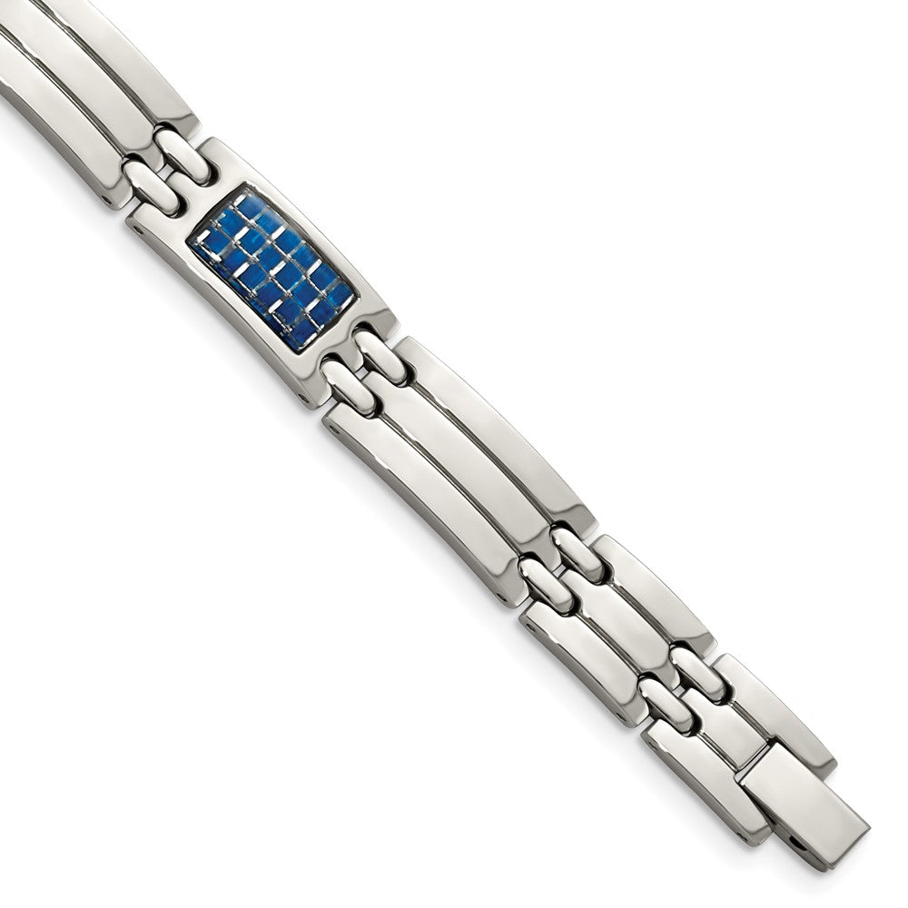 Men&#39;s 10mm Stainless Steel &amp; Blue Carbon Fiber Link Bracelet, 8.5 Inch, Item B12818 by The Black Bow Jewelry Co.