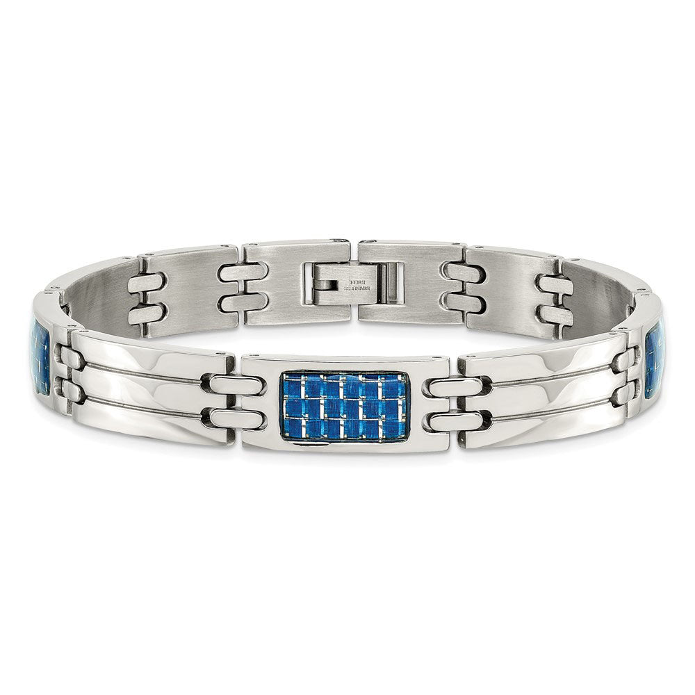 Alternate view of the Men&#39;s 10mm Stainless Steel &amp; Blue Carbon Fiber Link Bracelet, 8.5 Inch by The Black Bow Jewelry Co.