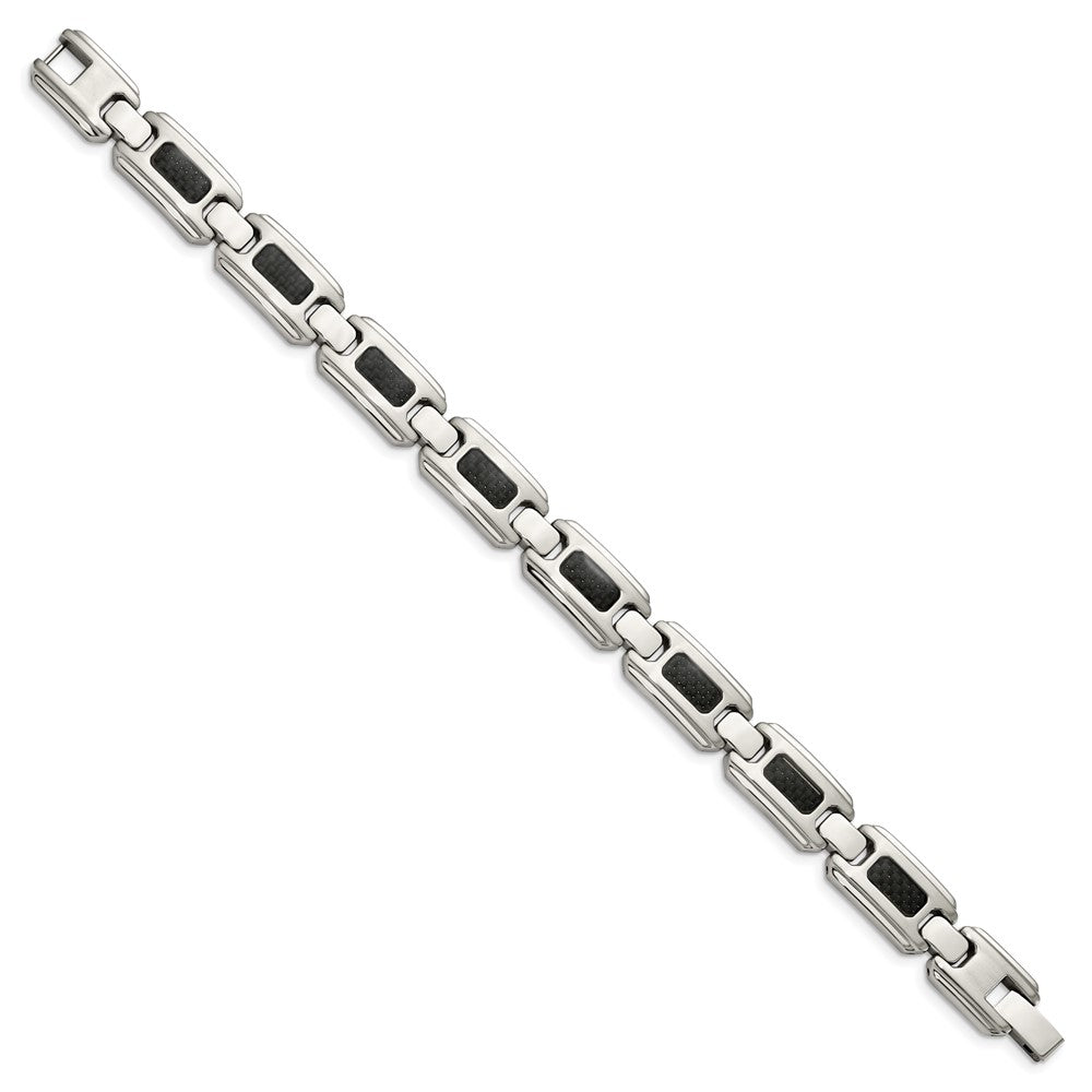 Alternate view of the Men&#39;s 13mm Stainless Steel &amp; Black Carbon Fiber Link Bracelet, 9 Inch by The Black Bow Jewelry Co.