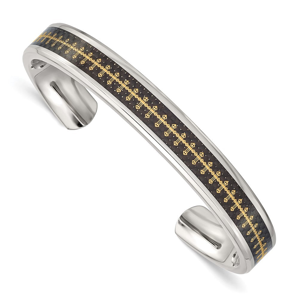 Mens Stainless Steel, Blk Carbon Fiber &amp; Gold Tone Cross Cuff Bracelet, Item B12822 by The Black Bow Jewelry Co.