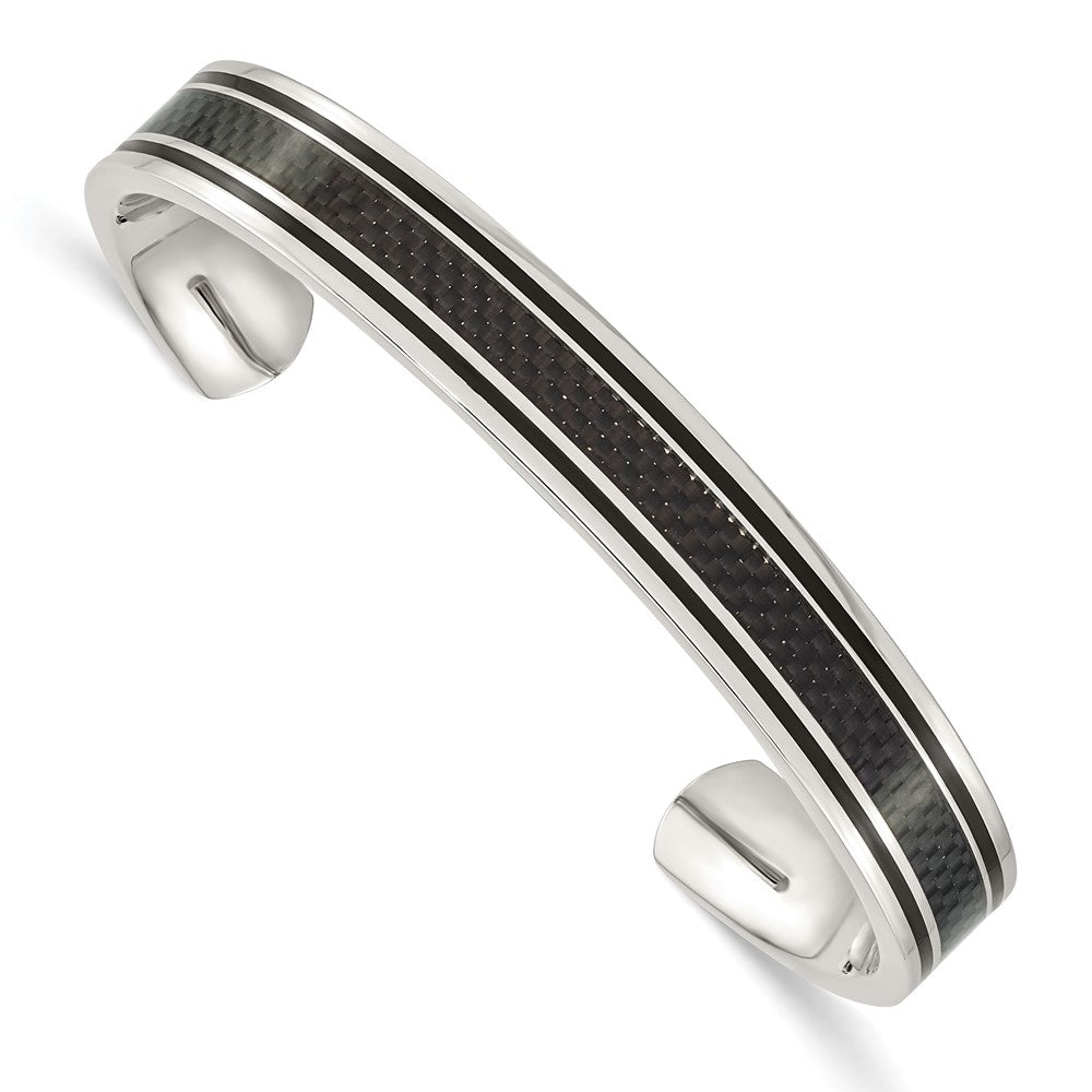 Men&#39;s 10mm Stainless Steel, Black Plated &amp; Carbon Fiber Cuff Bracelet, Item B12823 by The Black Bow Jewelry Co.
