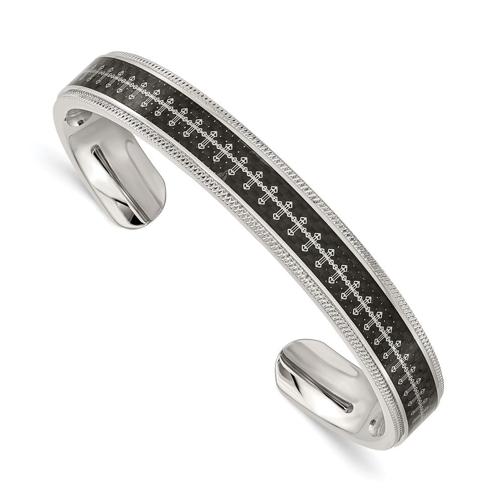 Men&#39;s 10mm Stainless Steel, Black Carbon Fiber &amp; Cross Cuff Bracelet, Item B12824 by The Black Bow Jewelry Co.