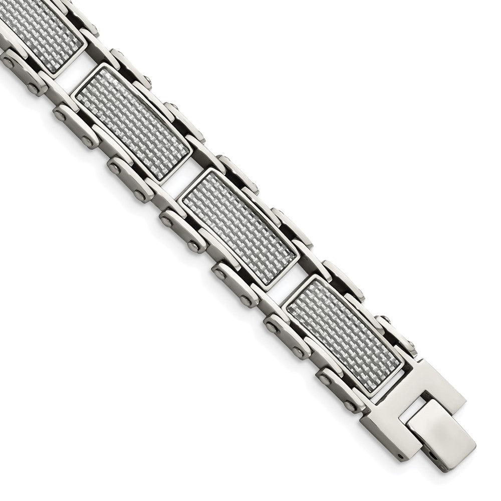 Men&#39;s 14mm Stainless Steel &amp; Gray Carbon Fiber Inlay Bracelet, 8.5 In, Item B12825 by The Black Bow Jewelry Co.