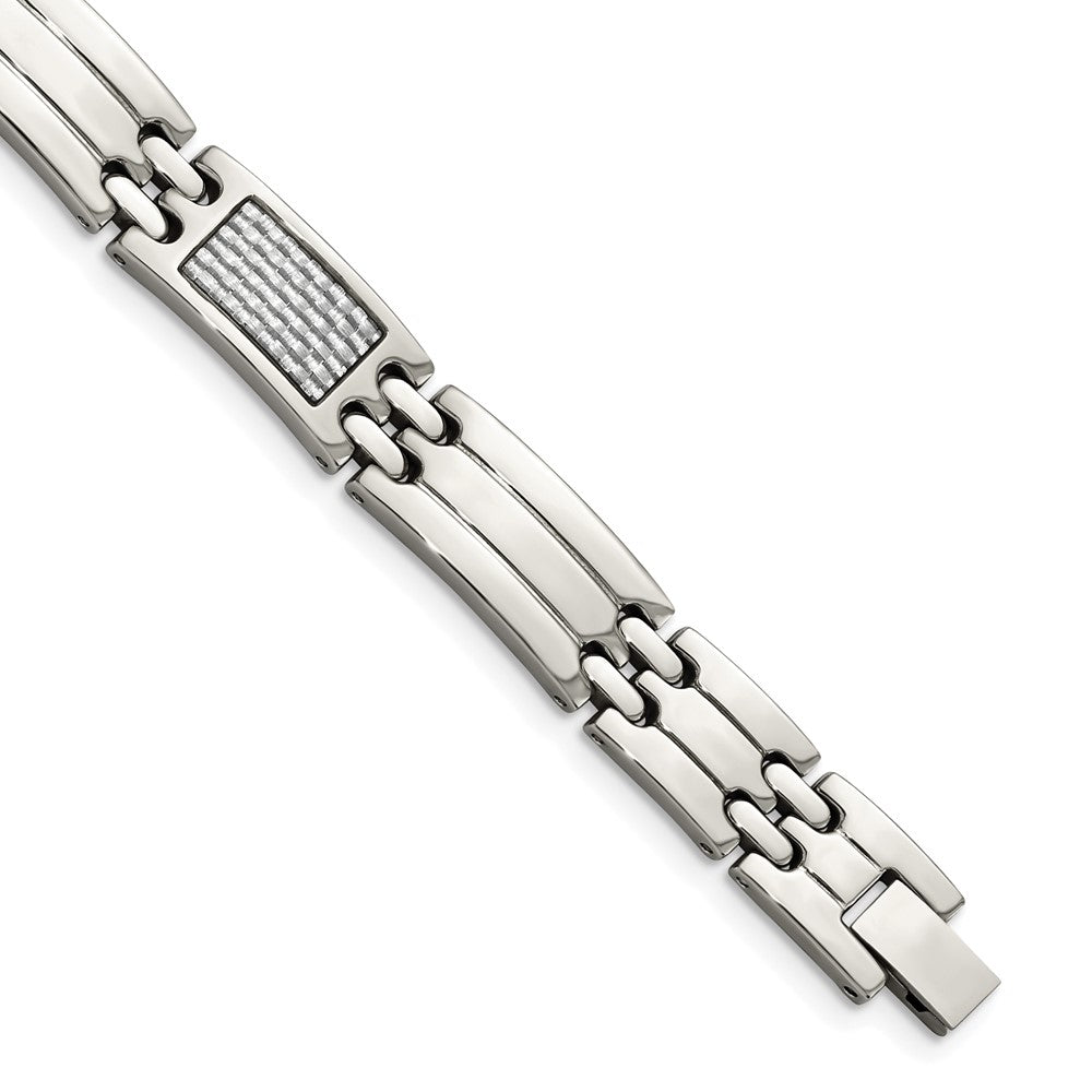 Men&#39;s 10mm Stainless Steel &amp; Gray Carbon Fiber Link Bracelet, 8.5 Inch, Item B12826 by The Black Bow Jewelry Co.