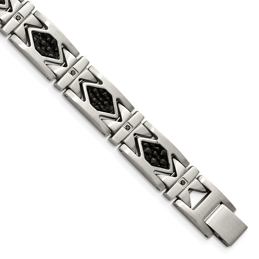 Mens 12mm Stainless Steel, Black Leather &amp; CZ Aztec Bracelet, 8.5 Inch, Item B12830 by The Black Bow Jewelry Co.
