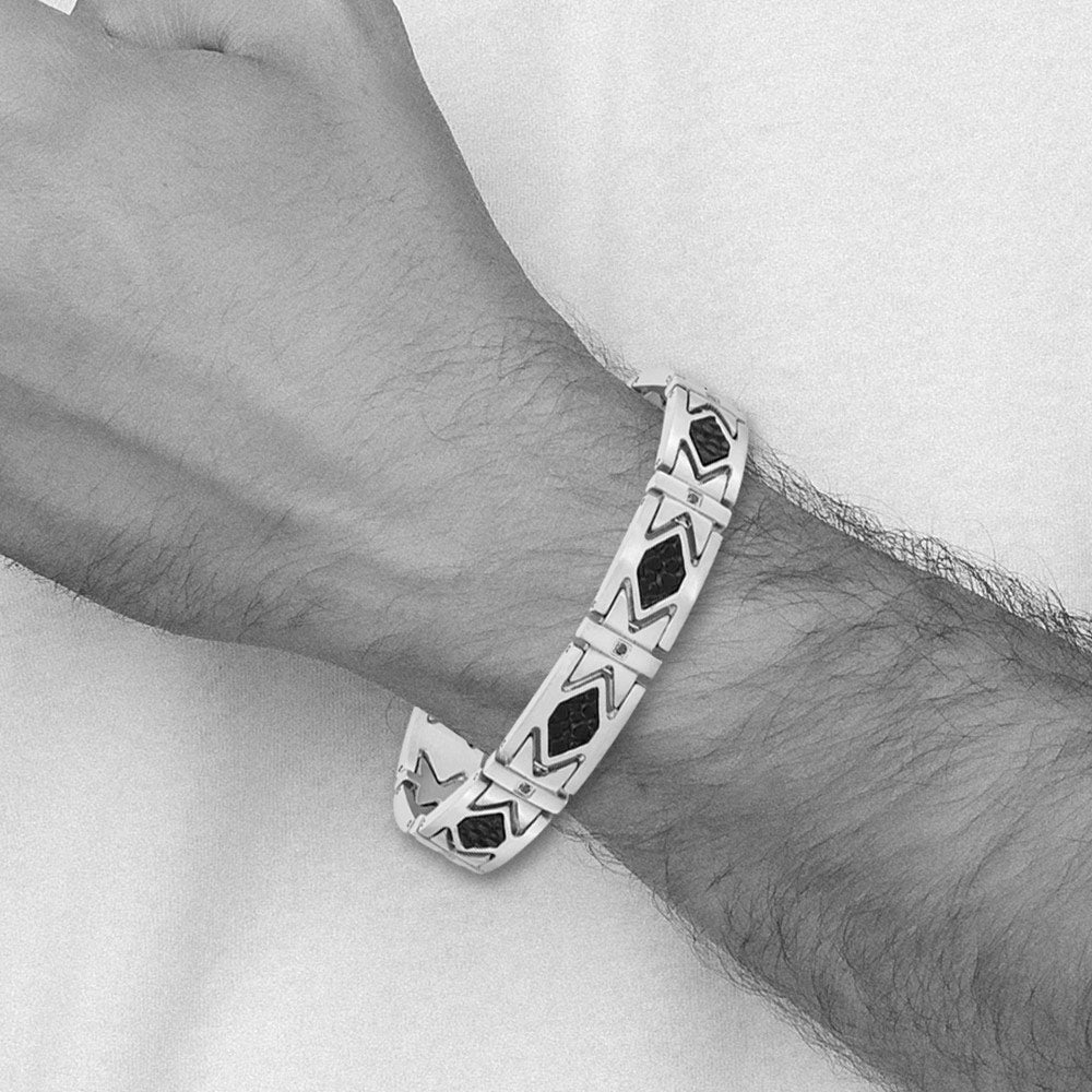Alternate view of the Mens 12mm Stainless Steel, Black Leather &amp; CZ Aztec Bracelet, 8.5 Inch by The Black Bow Jewelry Co.