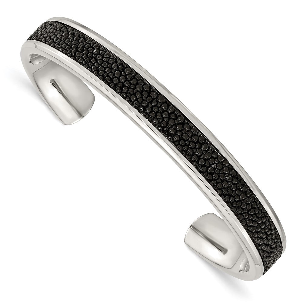 Men&#39;s 10mm Stainless Steel &amp; Black Textured Leather Cuff Bracelet, Item B12832 by The Black Bow Jewelry Co.