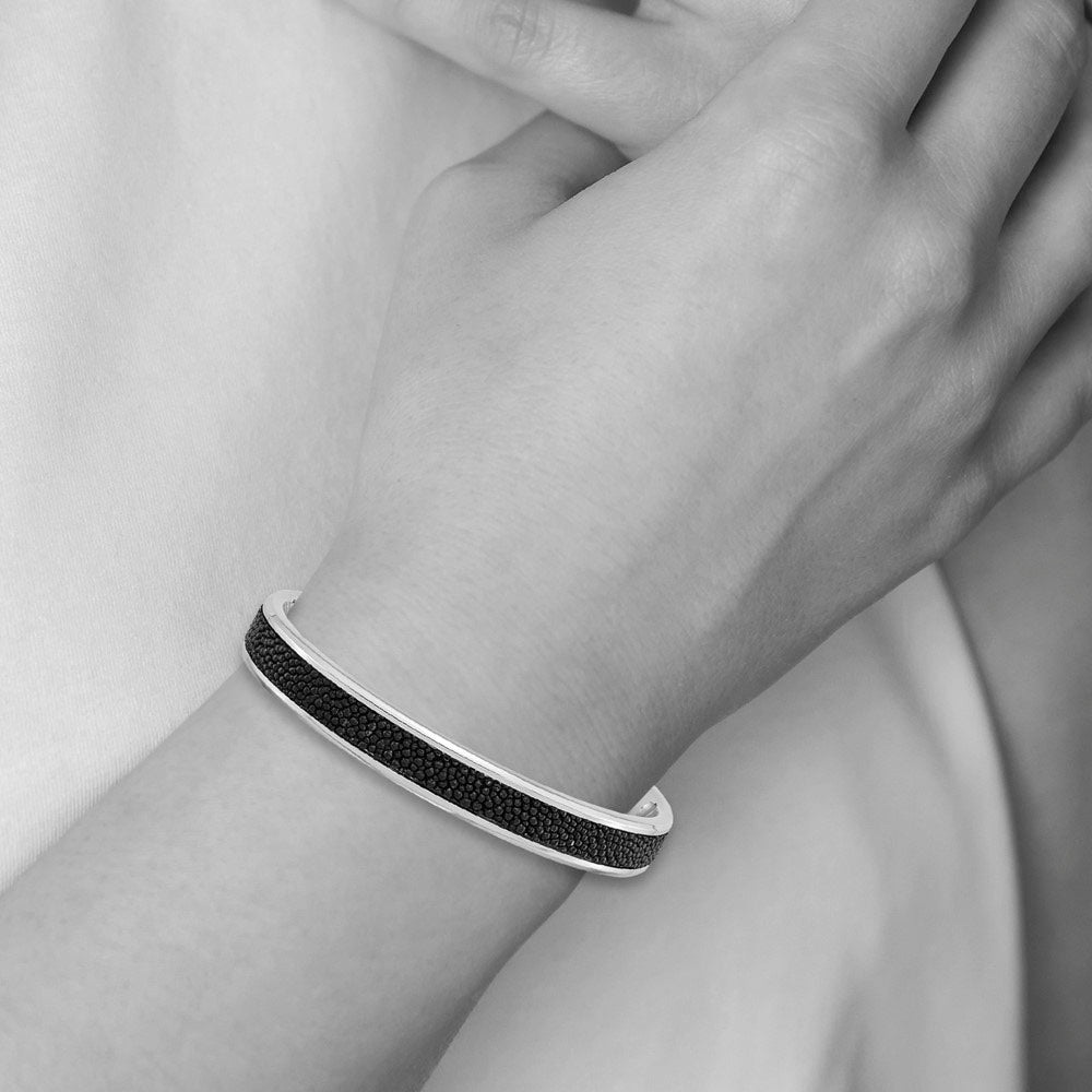 Alternate view of the Men&#39;s 10mm Stainless Steel &amp; Black Textured Leather Cuff Bracelet by The Black Bow Jewelry Co.