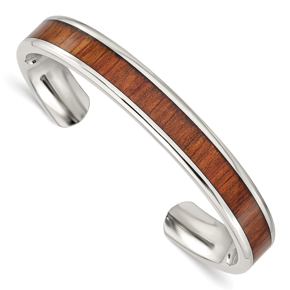 Men&#39;s 10mm Stainless Steel &amp; Red/Orange Wood Inlay Cuff Bracelet, Item B12834 by The Black Bow Jewelry Co.