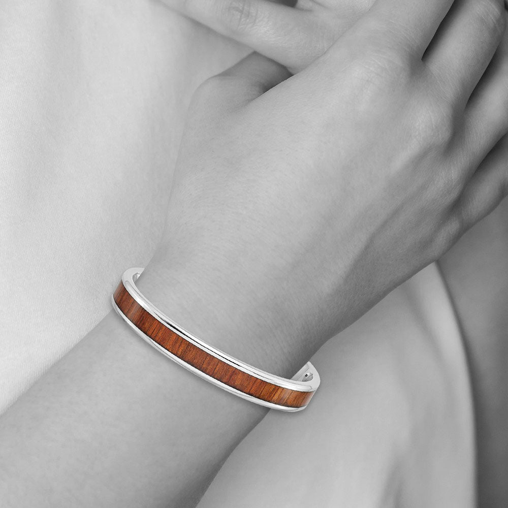 Alternate view of the Men&#39;s 10mm Stainless Steel &amp; Red/Orange Wood Inlay Cuff Bracelet by The Black Bow Jewelry Co.